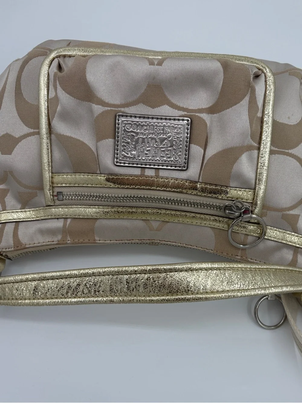 Coach Poppy Beige Signature Canvas Shoulder Bag with Gold Accents